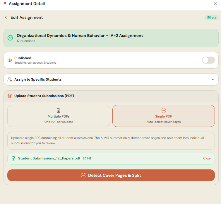 Uploading a single class PDF into Proctor AI, which splits it into individual student submissions